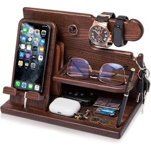 Wood Phone Docking Station Ash Key Holder Stand Watch Organizer Men Husband Wife